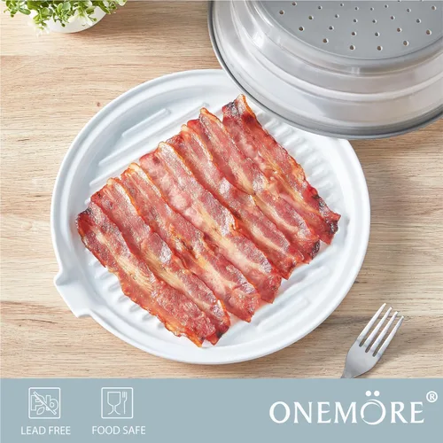 Miniatura 9 de ONEMORE Bandeja para Tocino de Microondas con Tapa Cocinador de Tocino de Cerámica Rejilla para Carne para Cocinar en Horno Fabricante de Tocino