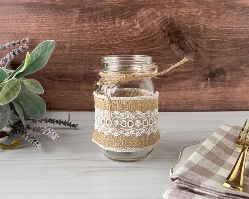 Miniatura 8 de Set of 12 Burlap and Lace Sleeves for Mason Jars, Sleeves and Twine ONLY, Jars NOT Included, Burlap Mason Jar Wraps, Shabby Chic Centerpieces for