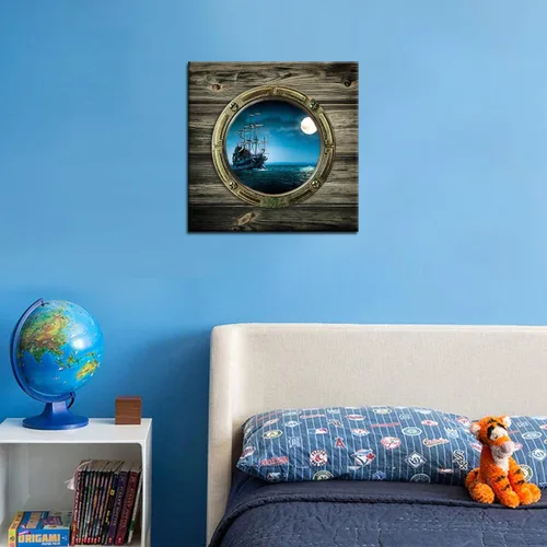 Miniatura 2 de Biuteawal - Lienzo con vista nocturna de luna llena, vista de ventana del océano, arte de pared, barco de vela, pintura de paisaje marino, obras