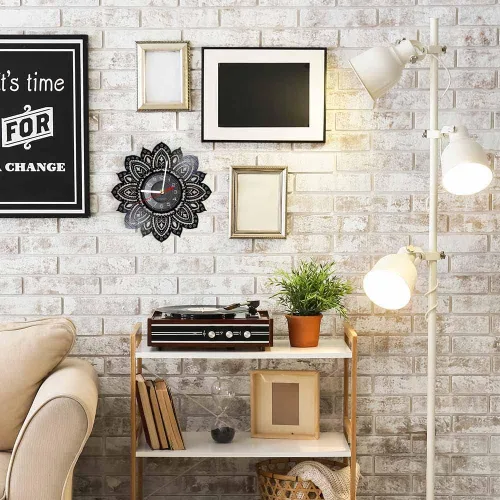 Miniatura 5 de Reloj de pared de disco de vinilo con forma de loto de mandala de 12 pulgadas, diseño moderno de flor, silencioso, de cuarzo, sin tictac, reloj