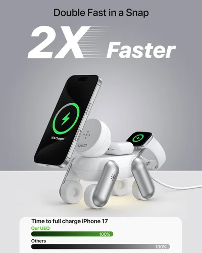 Miniatura 6 de UEQ Estación de carga inalámbrica 3 en 1 para dispositivos Apple, soporte de cargador inalámbrico plegable con luz nocturna para iPhone 17 Air 16 15