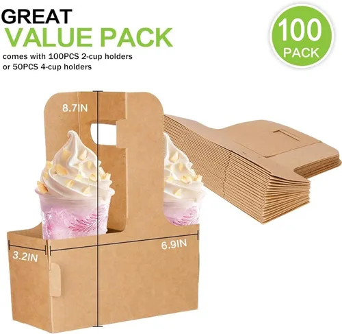 Miniatura 6 de Kaderron Paquete de 40 portadores de bebidas Kraft con asas, 2 tazas o 4 tazas, soportes desechables de cartón para bebidas, ideales para todas tus
