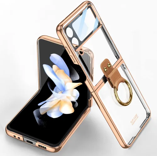 Miimall Funda para Samsung Galaxy Z Flip 4 con soporte de anillo, Z Flip 4 con protector de pantalla de cámara de vidrio templado, funda