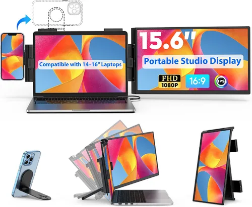 HONGO Monitor de estudio portátil FHD IPS 1080P de 15.6 pulgadas, extensor de pantalla para laptop y soporte para teléfono/almohadilla para