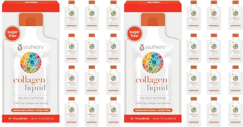 Youtheory Colágeno Líquido para Cabello, Piel y Uñas con Péptidos de Colágeno y Aminoácidos, Suplemento Bebible Libre de Gluten, Sabor a Bayas, 12