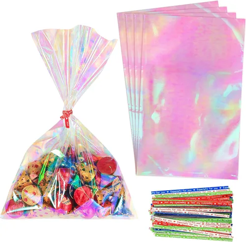 Miniatura 7 de HRX Package 100 piezas de pequeñas bolsas de celofán iridiscentes con lazos, 4x6 pulgadas bolsas de plástico holográficas para dulces, pop cakes