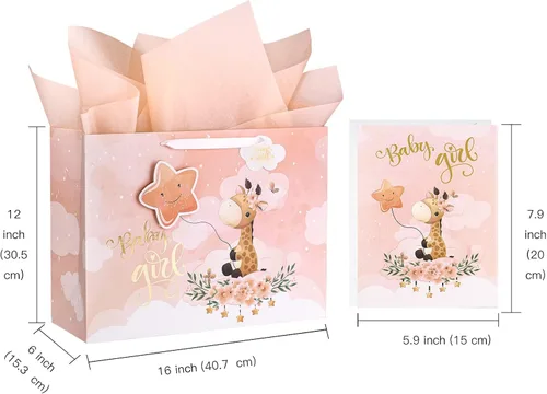 Miniatura 2 de WRAPAHOLIC Bolsa de regalo extra grande de 16" para bebé niña con tarjeta y papel de seda - Para baby shower, bebé recién nacido Jirafa bebé niña