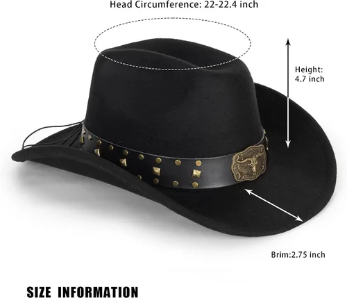 Miniatura 19 de Sombrero de vaquero clásico de fieltro occidental para mujeres y hombres de ala ancha con hebilla de cinturón (tamaño: mediano-grande)