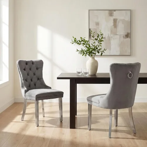 Miniatura 121 de OVENTA Juego de 4 sillas de comedor modernas tapizadas copetudas, terciopelo negro y gris y cuero con patas de madera maciza, sillas de cocina