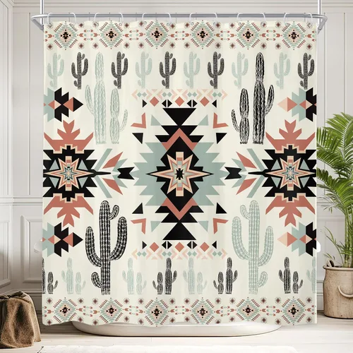 Miniatura 9 de Newsely Cortina de Ducha Pequeña para Caseta RV Occidental Azteca de Cactus 36Wx72H Pulgadas Campista Suroeste Boho Geométrica Étnica Cortina