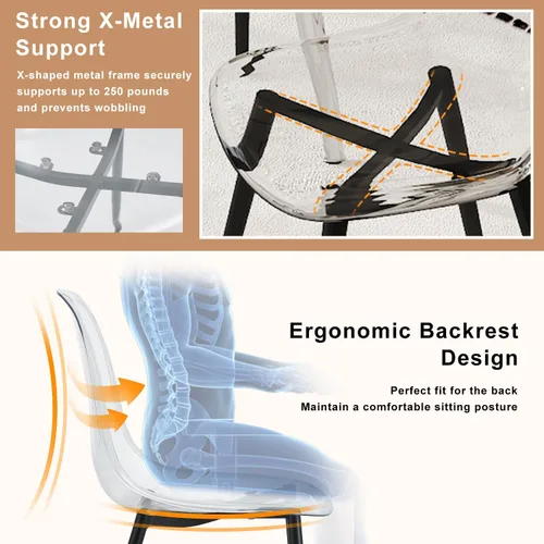 Miniatura 6 de Juego de mesa de comedor de vidrio Ebullient para 4, mesa de 51" de vidrio templado transparente con patas de metal negro y 4 sillas de acrílico