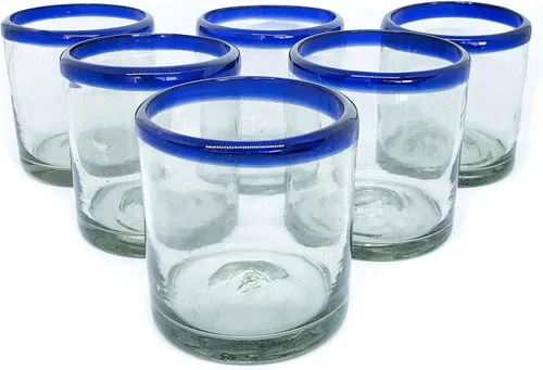 Copas de roca DOF con borde azul cobalto de 8 onzas (juego de 6), vidrio reciclado, sin plomo, sin toxinas (DOF Rocks)