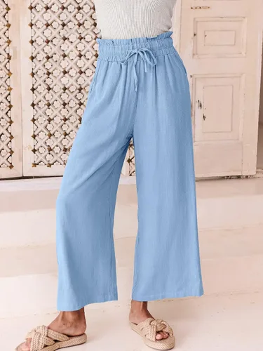 Miniatura 7 de ANRABESS Pantalones de lino para mujer, estilo casual, holgados, cintura alta, cordón de pierna ancha, pantalones capri palazzo con bolsillos