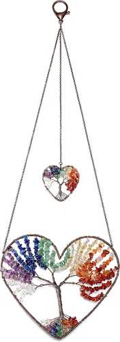 JOVIVI Adorno colgante de árbol de la vida de doble corazón, 7 chakras, reiki, cristales curativos, piedras preciosas de meditación, colgador de