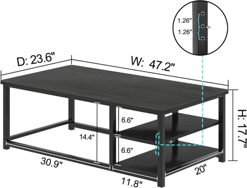 Miniatura 2 de EXCEFUR Mesa de centro negra, mesa de sala de estar de madera rústica con estante de almacenamiento, mesa central rectangular moderna, 47 pulgadas