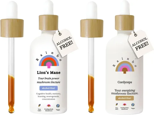 Rainbo Paquete energético de hongos sin alcohol + rendimiento, hongo melena de león + cordyceps, tinturas diarias para apoyo inmunológico,