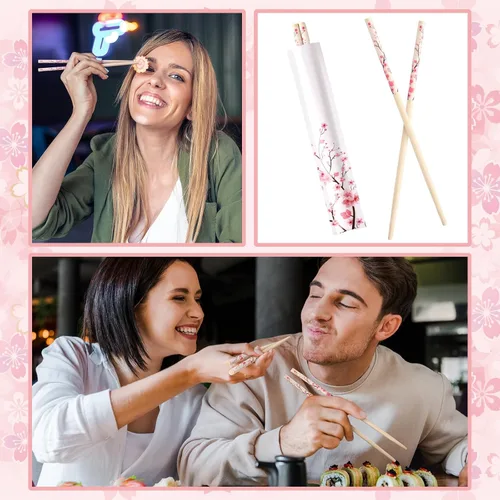 Miniatura 6 de 50 pares de palillos de flor de cerezo a granel con funda azul, palillos desechables de bambú de eucalipto, favores de boda, suministro de comida