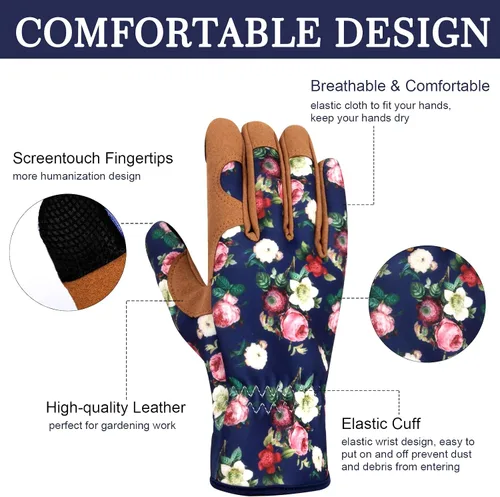 Miniatura 2 de Guantes de Jardinería de Cuero MERTURN para Mujeres, Guantes de Jardín a Prueba de Espinas, Guantes de Trabajo Compatibles con Pantalla Táctil, Azul