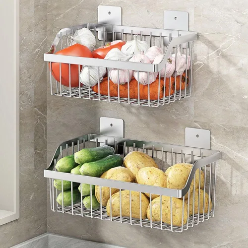 Miniatura 5 de SUS304 - Cestas de almacenamiento colgantes de acero inoxidable para montaje en pared, estante de almacenamiento de alambre de metal para cocina