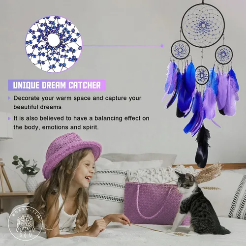 Miniatura 3 de Atrapasueños de color azul estrellado, plumas de ganso con multianillo, hecho a mano, gran atrapasueños para dormitorio, atrapasueños para niñas