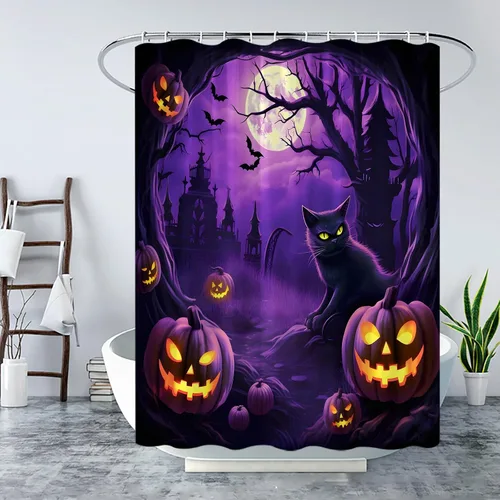 Miniatura 4 de Cortina de ducha de Halloween, espeluznante gato negro, calabazas aterradoras, luna llena, casa encantada, murciélagos, árbol muerto, cortina