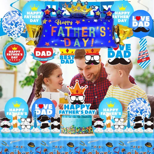 Miniatura 4 de Decoraciones de fiesta del día del padre, juego de suministros para fiesta del día del padre, incluyendo pancarta, remolinos colgantes, globos