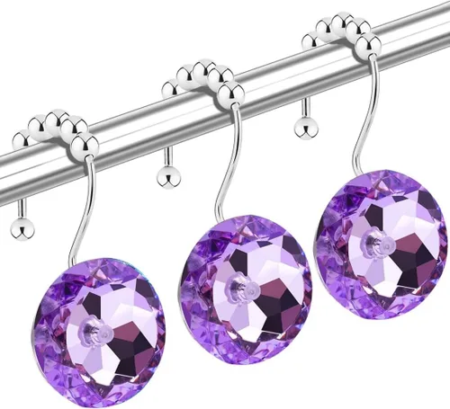 Miniatura 11 de Ganchos de cortina de ducha de cristal negro con diamantes para baño, 12 unidades, anillos de acero inoxidable plateados a prueba de óxido, colgador
