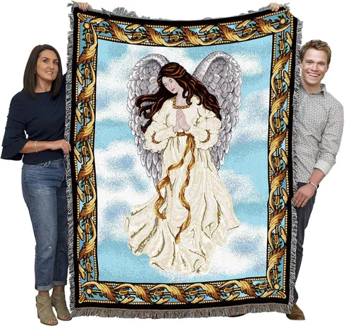 Miniatura 14 de Pure Country Weavers Angelic Trio - Manta con diseño de tres ángeles tocando música, manta cuadrada para regalo, tejida de algodón, fabricada