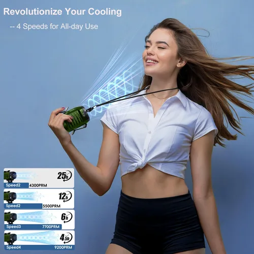 Miniatura 3 de Ventilador portátil 4 en 1 de cintura/cuello/escritorio con soporte para teléfono y luz LED Enfriamiento ultrarrápido de 10000 RPM, batería Verde