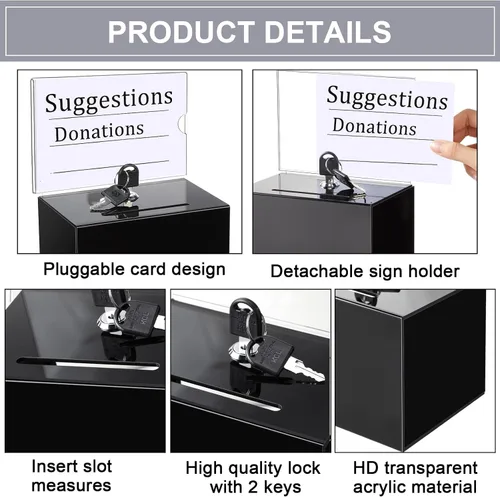 Miniatura 3 de Tuanse Caja de donación de acrílico con candado y soporte para letreros, tarro, rifa, boletos, cajas transparentes para recaudación de fondos, Negro