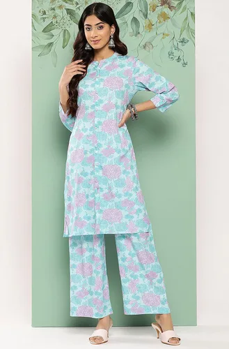 Miniatura 3 de Janasya Conjunto de coords con estampado digital de crepé azul cielo para mujer india
