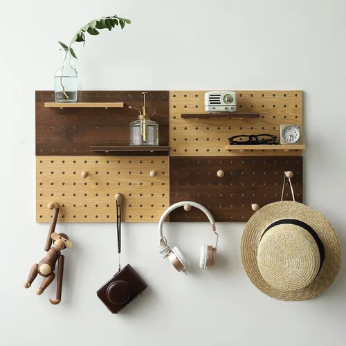 Miniatura 4 de Tablero de Clavijas de Madera Modular para Exhibición Organización Almacenamiento Ganchos de Pared Estante (Color: Roble)