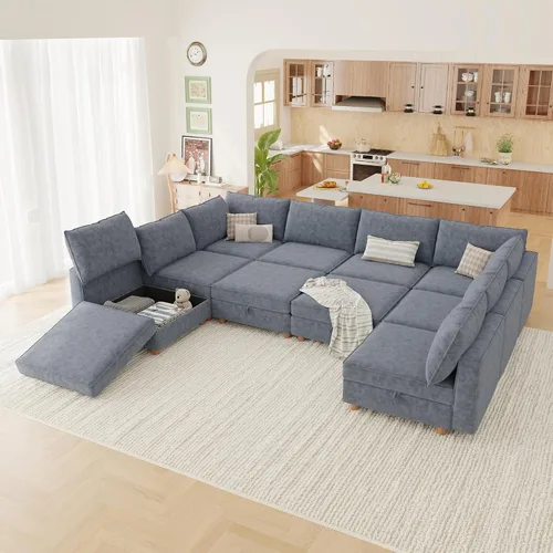 Miniatura 31 de 95.5" Sofá seccional modular de chenilla con almacenamiento oculto, sofá cama convertible en forma de L y U, sofá seccional moderno de 6 plazas
