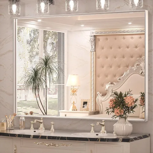 Keonjinn Espejo de baño plateado de 48 x 36 pulgadas para colocar sobre el fregadero, espejo de pared rectangular grande con marco de metal Plata