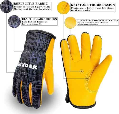 Miniatura 5 de Guantes de trabajo de jardinería de cuero para niños, guantes de seguridad, diseño reflectante transpirable, para niños para jardinería y exteriores