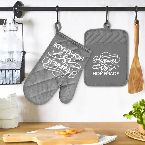 Miniatura 5 de Juego de 6 piezas de manoplas de horno y agarraderas para ollas La felicidad es cocinar en casa Almohadillas resistentes al calor Lavables a máquina