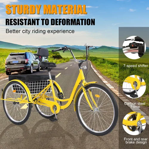 Miniatura 5 de Triciclos para adultos, 7 velocidades, triciclos para adultos de 26 pulgadas, 3 ruedas, bicicleta de crucero con cesta para personas mayores