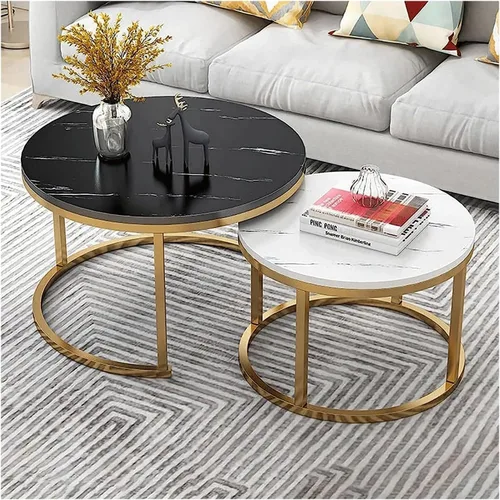 Mesa - Juego de 2 mesas de centro redondas con parte superior de mármol sintético, mesa auxiliar moderna d metal e esquina anidable mesa de cóctel