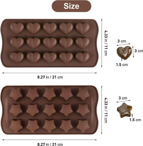 Miniatura 3 de 2 moldes de silicona con forma de corazón y estrella, 15 cavidades para chocolate, bandejas de cubitos de hielo, dulces, pasteles, 100 % de grado