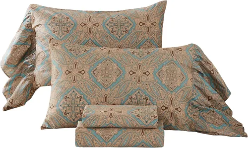 Miniatura 9 de ABREEZE Juego de sábanas con estampado floral beige, juego de ropa de cama bohemio, juego de ropa de cama de lujo de 4 piezas, medallón de damasco