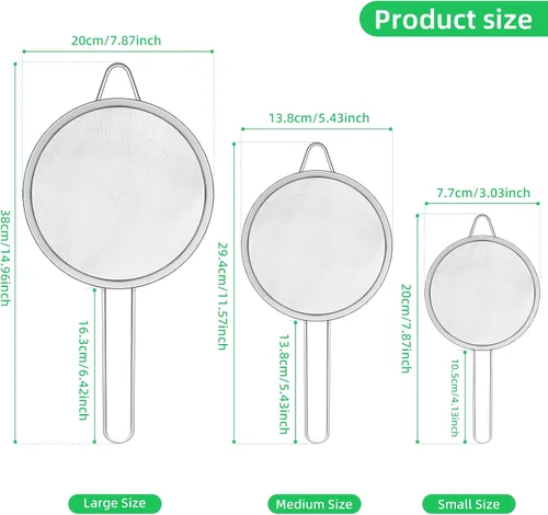 Miniatura 3 de Juego de 3 cucharas de malla fina de acero inoxidable colador de tamiz de acero inoxidable, colador multifuncional para alimentos con mango largo