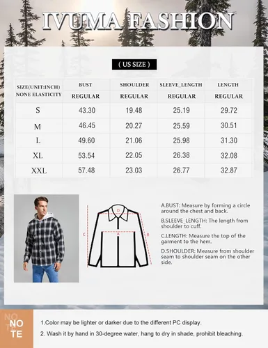 Miniatura 7 de IVUMA Camisas de algodón a cuadros de manga larga para hombre, chaqueta de franela con forro polar, camisas de franela Sherpa con botones y capucha