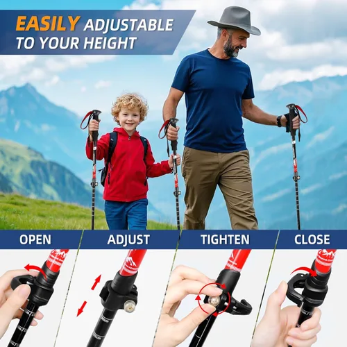 Miniatura 5 de Bastones de trekking ligeros y plegables para senderismo – Paquete de 2 bastones de senderismo ajustables, bastones de aluminio para esquí, caminata