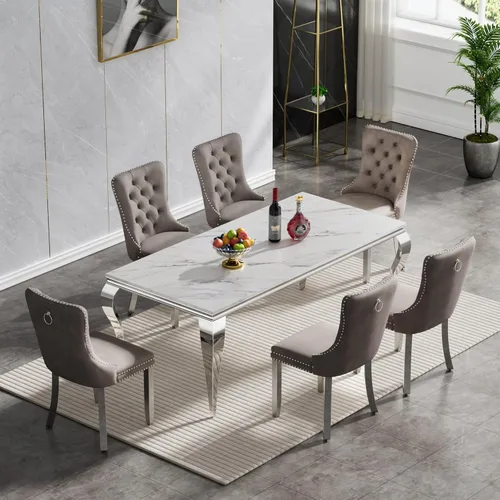 Miniatura 10 de Moderno juego de mesa de comedor de mármol sintético de 68.11 pulgadas para 6, mesa de comedor de mármol blanco y plateado con 6 sillas de Blanco