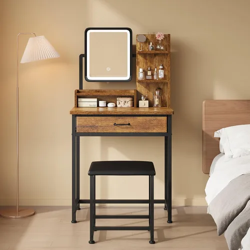 Miniatura 13 de YeTom Escritorio de maquillaje con espejo y luces, tocador pequeño con cajón de almacenamiento de tela, estantes y mesa auxiliar, tocador de Negro