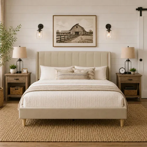 Miniatura 12 de Upholstered Bed Frame with Wingback Headboard and Wood Slats (Beige-Linen, Twin)