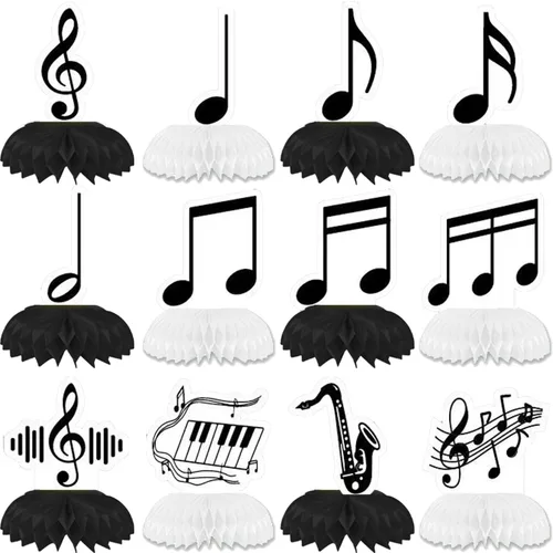12 piezas de notas de piano, centros de mesa de panal, decoración de fiesta musical, notas, silueta, retro, silueta de música, recuerdos de fiesta,