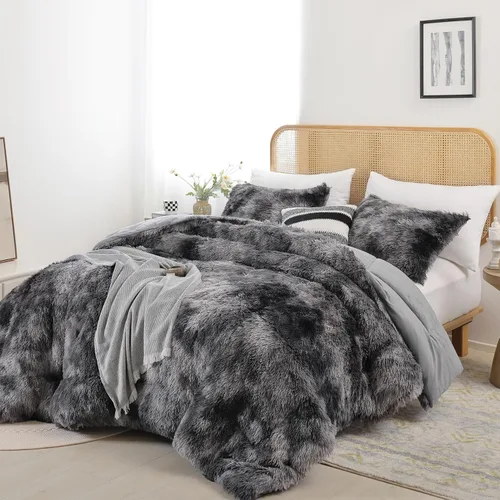 Miniatura 18 de Smoofy Juego de edredón esponjoso de tamaño Full, juego de edredón rosa de piel sintética, juego de ropa de cama mullido de lujo, juego de ropa