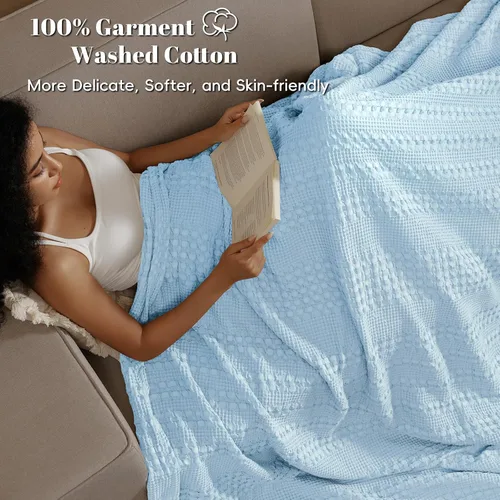Miniatura 2 de PHF - Manta de punto gofre 100% algodón individual, suave, ligera, transpirable, acogedora, de verano, para cama, tejida, estética, decoración