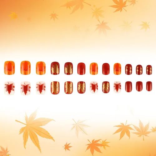 Miniatura 7 de Uñas postizas a presión de otoño, uñas postizas cortas cuadradas de MABKJLF con diseños de hojas de arce, pegamento brillante en uñas, uñas
